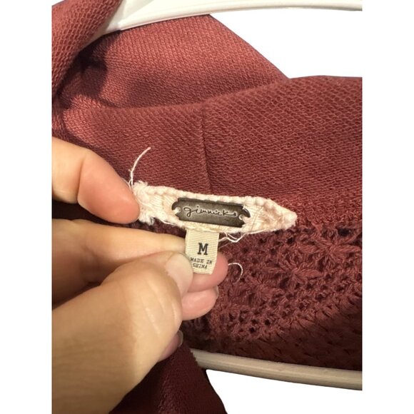 Rust Red Crochet Detail Hooded Pullover With Half-Zip & Frayed Hemline By Gimmic - Picture 3 of 6